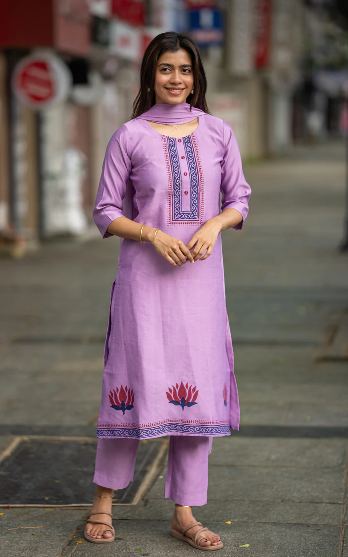 Lavender Cotton Straight Kurti set with Lotus Block print - Shareen